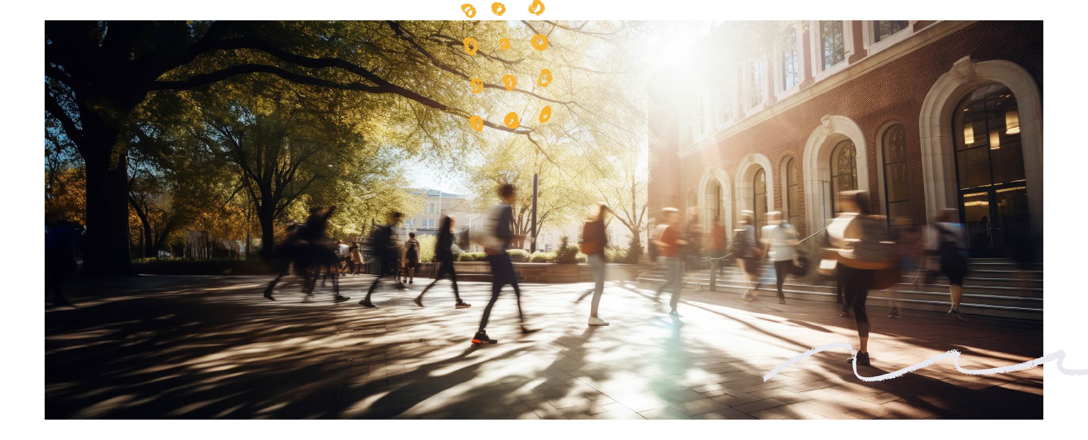 KI-generiertes Bild von Menschen in Bewegung auf sonnigem Hochschulcampus mit abstrakten graphischen Elementen